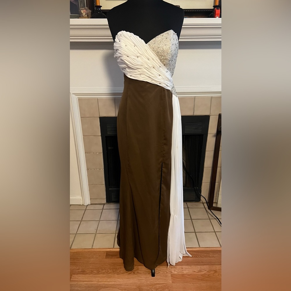 Wow! Brown and White Party Dress with “Crystal” accents.  Size 12